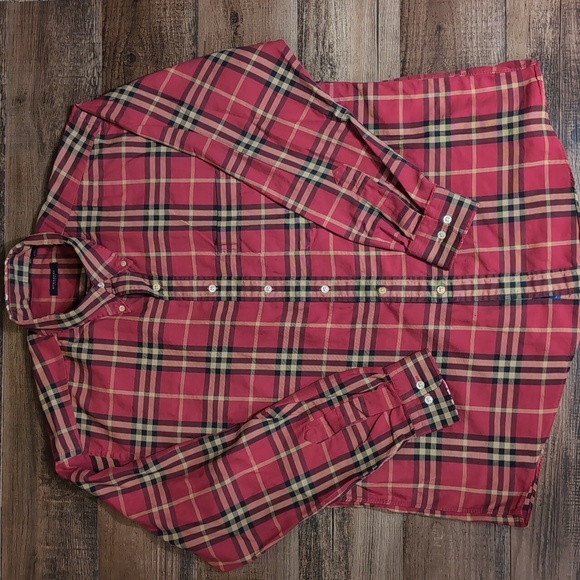 Burberry London Nova Check Long Sleeve Button Down Size XL In Red - Picture 1 of 11